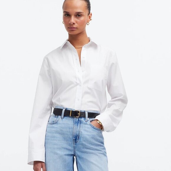 Madewell Relaxed Button-Front Shirt in Poplin in Eyelet White - Picture 1 of 4
